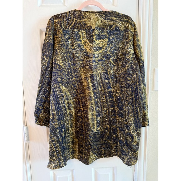 Lafayette 148 Silk Blouse L Navy Gold Abstract Paisley Tunic Quiet Luxury - Picture 8 of 9